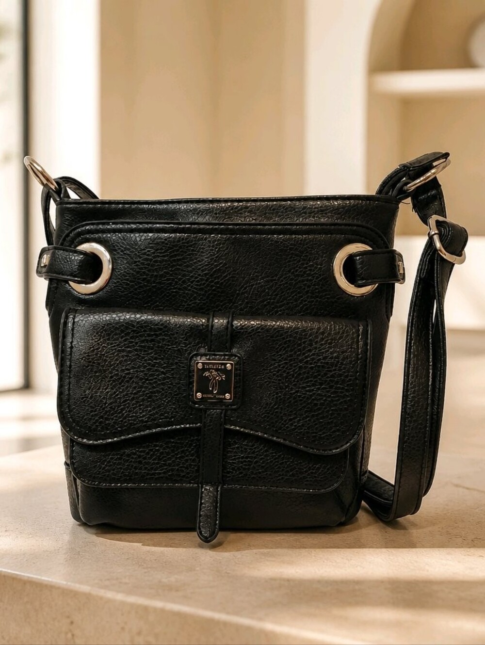 Ricardo Beverly Hills Black Pebbled Leather Shoulder Bag with Front Pocket